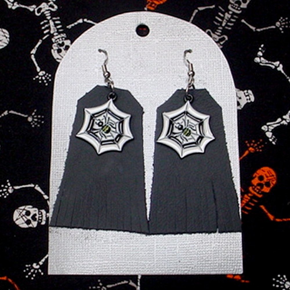BLACK LEATHER HALLOWEEN EARRINGS WITH SPIDERWEBS FRINGED ENAMEL CHARMS